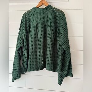 Asos Womens Eyelet Top Blouse Hunter Green Cotton Bell Sleeve Mock US Size 14